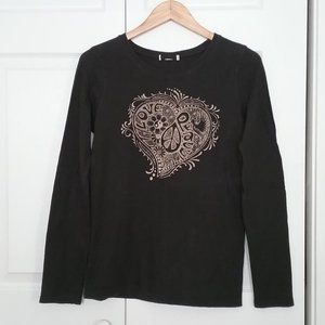 Long Sleeve T- Shirt Black/Cream Peace & Love Size S